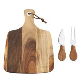 Hecef 3 PCS Cheese Board Set, 12in Acacia Wood Charcuterie Serving Platter with Cheese Knife and Fork